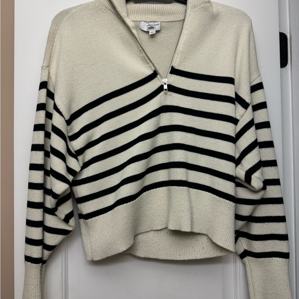 Marissa Webb Black and Cream Striped V-Neck Sweater - Size XS